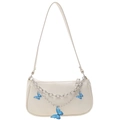 Sac baguette blanc crème orné de breloques papillon bleues et de chaînes argentées - Blanc