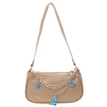 Sac baguette beige chic avec chaînes argentées et breloques papillon bleu vif - Kaki