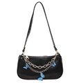 Sac baguette en cuir PU noir avec chaîne argentée et breloques papillon bleues - Noir