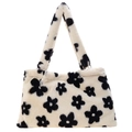 Bolso tote de felpa crema con flores negras y textura suave de piel sintética para invierno - Grande / Girasol