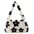 Bolso de hombro de felpa con patrón floral blanco y negro y suave textura de piel sintética - Blanco
