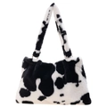 Bolso tote de felpa de invierno con estampado de vaca en blanco y negro y aros - Grande / Estampado de vaca
