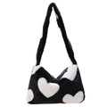 Sac baguette chic en peluche avec motif cœur noir et blanc pour femme - Noir