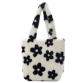 Plush faux fur underarm bag with black flower pattern on cream white base - Small / Flower Double Straps