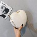 Creamy white heart-shaped mini chain bag with glossy finish and gold metal strap - White