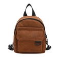 Close-up of caramel brown corduroy backpack showing fine vertical stripes and D-ring detail - Brown
