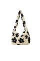 Plüsch-Schultertasche mit schwarz-weißem Blumenmuster und goldenen Metallringen - Blume