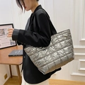 Chic silver quilted down tote bag in metallic finish with wide shoulder straps - Silver