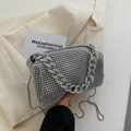 Silver rhinestone crossbody bag with chunky chain and detachable thin metal strap - Silver