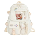 Zaino scolastico giapponese bianco crema con simpatici badge e tasche trasparenti - Bianco Sporco