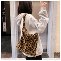 Borsa tote leopardata in ecopelliccia di grande capacità con morbido peluche - Marrone Scuro