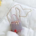 Pink rhinestone mini bucket bag with gold chain strap and dual zippers in soft setting - Pink