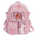 Zaino scolastico rosa in stile giapponese con toppe carine e ciondolo a forma di orso - Rosa