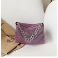 Luxury purple rhinestone handbag with chunky silver chain and crossbody strap for women - Purple