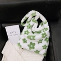 Fuzzy plush tote bag with green floral pattern on white faux fur background - Silver Green Flower