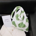 Green and white heart pattern plush tote bag with a soft faux fur texture for women - White with Green Hearts