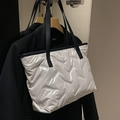 Chic white quilted tote bag in glossy nylon finish with dark straps for women - White