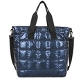Sac cabas matelassé bleu foncé métallisé avec poignées en nylon noir et bandoulière - Bleu