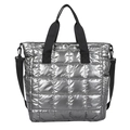 Quilted puffer tote bag in metallic silver nylon with black woven handles - Silver
