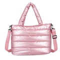 Pink metallic quilted puffer tote bag with top handles and adjustable shoulder strap - Pink