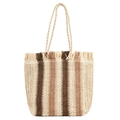 Straw woven tote bag with vertical stripes, raffia fringe trim, and long shoulder straps - Beige