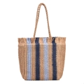 Striped paper straw tote bag with fringe detail in brown and blue summer style - Khaki