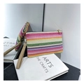 Rainbow woven clutch bag with colorful stripes and brown leather handle strap - Multicolor Horizontal Stripes (Style 5)