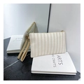 Rainbow woven hand pouch in beige and cream stripes with a golden zipper and leather strap - Beige Ivory Vertical Stripes (Style 7)