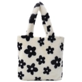 Faux fur plush tote bag with black and white floral pattern for winter fashion - Large / Flower Double Straps