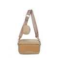 Beige woven crossbody straw bag with leather pocket and round coin purse set - Khaki