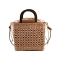 Bolso de paja hecho a mano con asas redondas de madera y correa de hombro de cuero ajustable - Talla única / Caqui