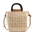Bolso de paja tejido a mano con asas de madera y correa de cuero ajustable - Talla única / Blanco Roto
