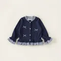 Cardigan blu scuro bambina con fiocchi bianchi e dettagli con bordi a quadretti blu e bianchi - 80 / Blu Marino (CY26173)