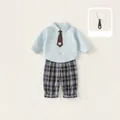 Boy's formal clothing set with light blue shirt, bear tie, and plaid check trousers - Top And Bottom / Blue (CT86009A) / 80