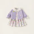 Girls purple knit cardigan and floral dress set with floral patches and lace collar - Top And Bottom / Pink (CY26204B) / 80