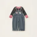 Zweiteiliges Set für Mädchen mit Kontrast-Langarmshirt und Cartoon-Jeans-Latzhose - 80 / Meliertes Grau Mit Latzhosen-Set