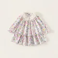 Toddler girl long sleeve floral dress with purple flower prints and lace Peter Pan collar - Bottoms / Pink (CQ26028) / 80