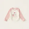 T-shirt a maniche lunghe raglan per bambini con maniche rosa e simpatico disegno di coniglio - 80 / Bianco Sporco