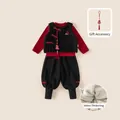 Kids red traditional Chinese New Year outfit with fur-lined vest and embroidered pants - 80 / Black