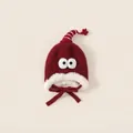 Cappello in maglia rossa per neonati con grandi occhi, paraorecchie e nappa a stella invernale - Taglia Unica (Testa 47-52cm) / Occhio Blu con Ciglia