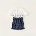 Ensemble fille avec chemise blanche à volants et pantalon large à fleurs en coton et lin - 80 / Blanc