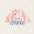 Sudadera rosa de niña con dobladillo de cuadros azules y lindo bordado de oso - 80 / Rosa