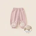 Girl's fleece-lined thermal pink trousers with 3D cartoon bunny patches for winter - 80 / Pink