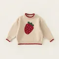 Pull en tricot beige pour fille avec motif fraise et bordures ondulées - 80 / Abricot