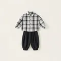 Children's stylish outfit featuring grey plaid shirt and black casual joggers - 80 / Black and White Plaid