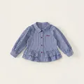 Camicia a quadri blu da bambina con bottoni rossi e dettagli con volant sul fondo - 80 / Quadri Blu (CY26101)