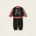 Three-piece boys' outfit with red plaid shirt, black embroidered knit vest and joggers - 130 / Red Coffee Plaid (CY86087B)