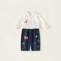 White girls' Peter Pan collar shirt with polka dots and dark blue wide-leg jeans outfit - White Shirt And Denim Pants / 80