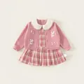 Pink knit cardigan with bunny embroidery and plaid dress two-piece set for girls - 80 / Pink