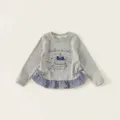 Girls long sleeve grey sweatshirt with bunny print and blue checkered lace hem - 80 / Heather Grey